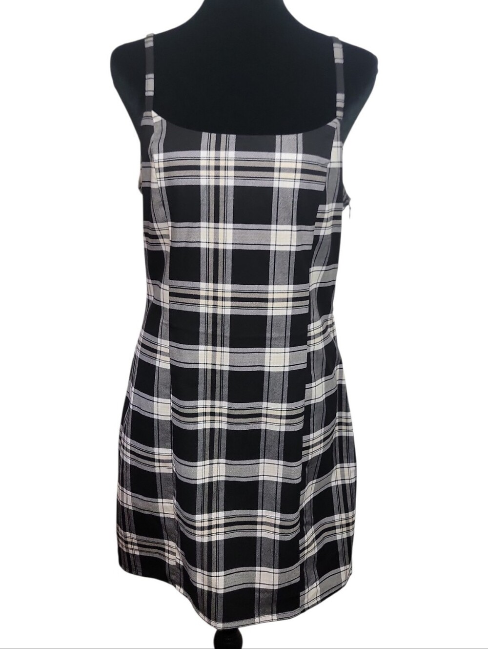 Divided H&M black white tan gray plaid spaghetti strap mini dress women's medium